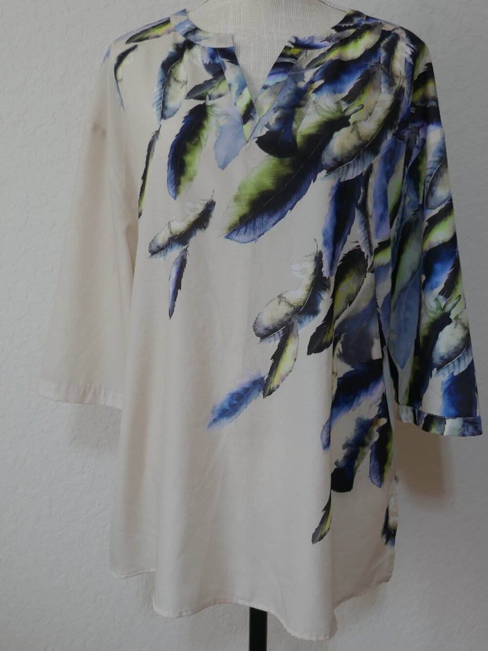 Lane Bryant Popover Tunic Abstract Watercolor Feather Print 3/4 Sleeve  14-16
